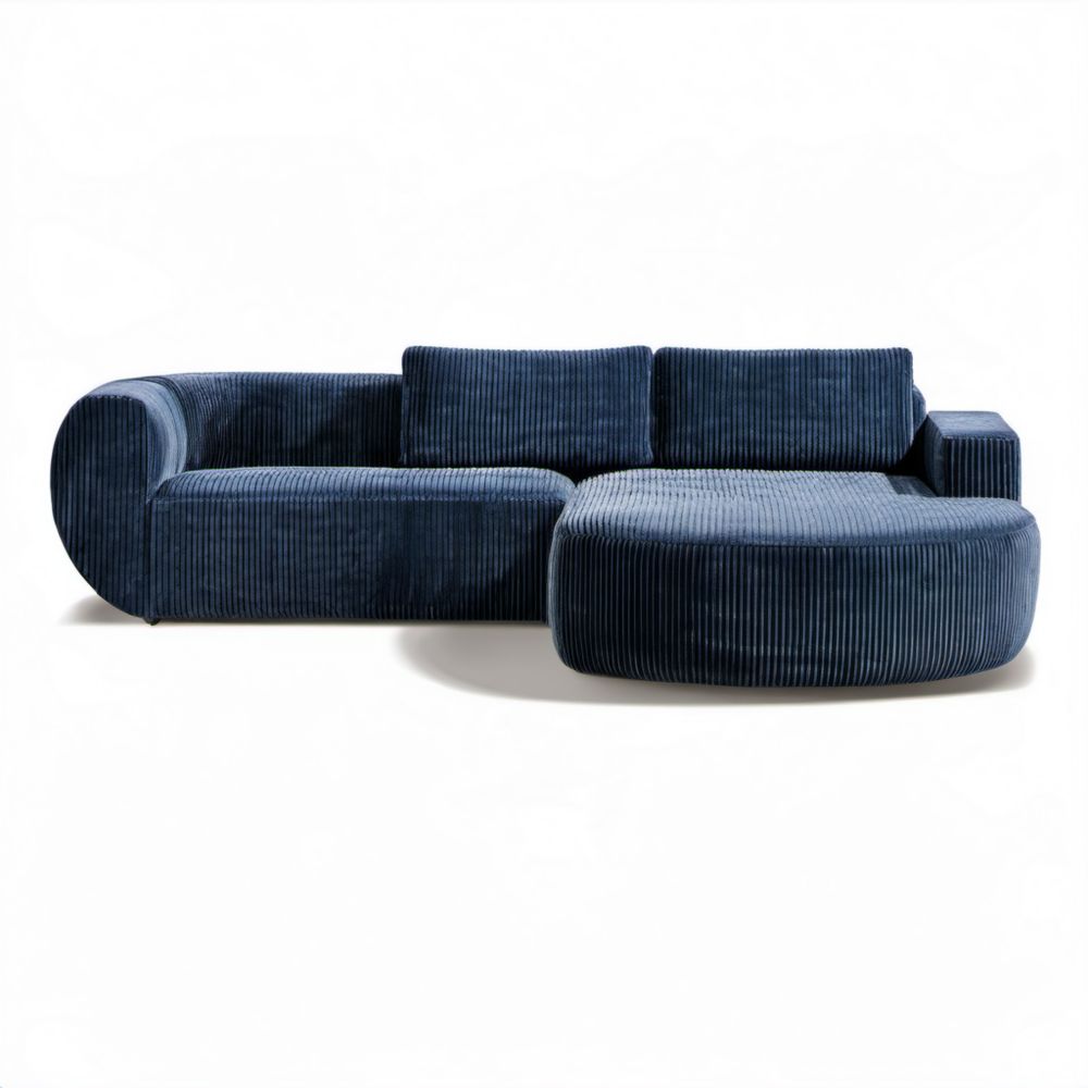 Granatowa sofa narożna z prawostronnym szezlongiem, tapicerowana sztruksem, 260 x 165 x 75 cm