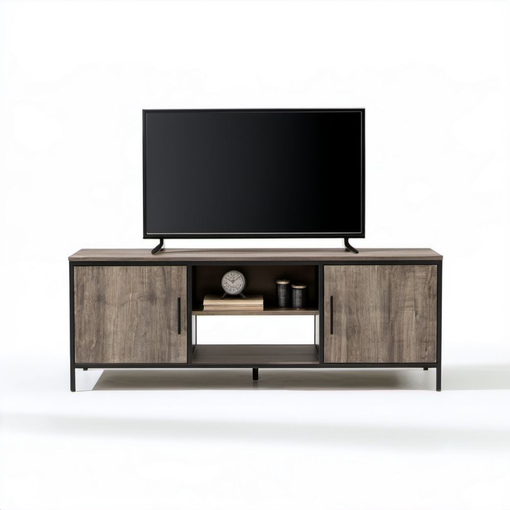 Prostokątna szafka RTV brązowo-czarna z płyty wiórowej laminowanej i stali, 140 x 40 x 55 cm