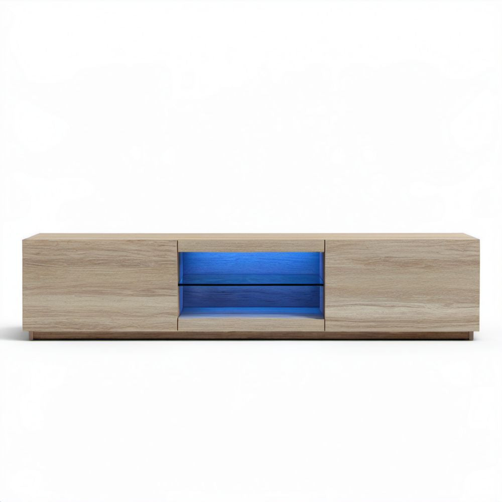 Dębowa szafka RTV z oświetleniem LED i szklaną półką 180 × 40 × 45 cm