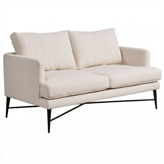 Dwuosobowa sofa beżowa z tapicerką poliestrową i metalowymi nogami, 160 × 85 × 82 cm