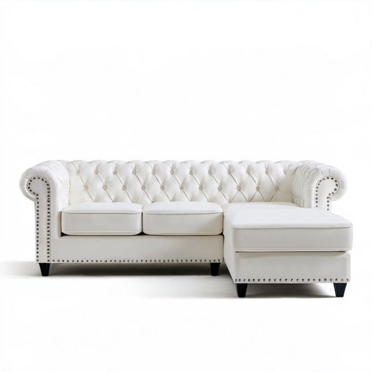 Biała sofa narożna Chesterfield ze skóry syntetycznej, z prawostronnym szezlongiem, 260 × 160 × 80 cm