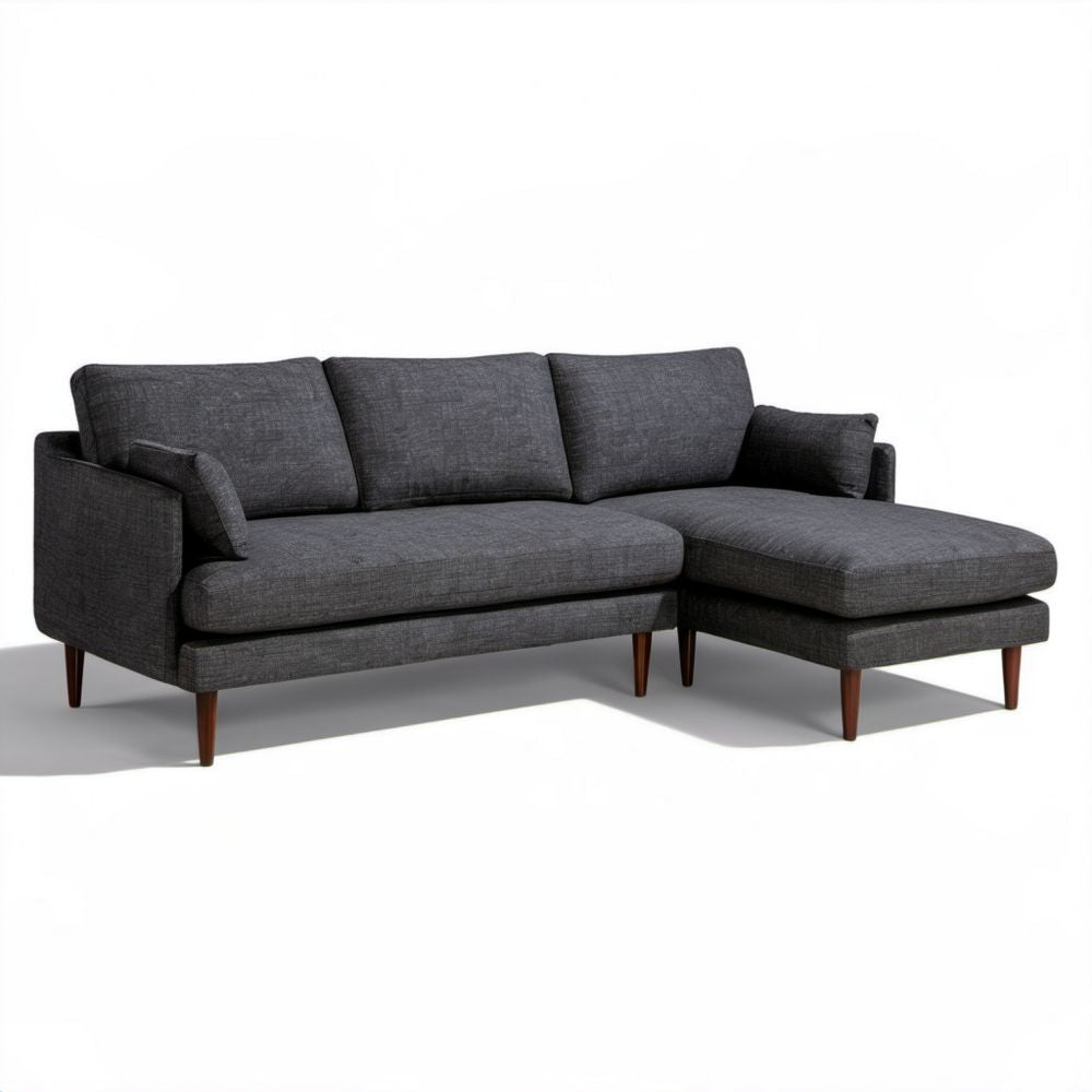Ciemnoszara sofa narożna z prawostronnym szezlongiem, tapicerka tkaninowa, drewniane nogi, 240 × 155 × 85 cm