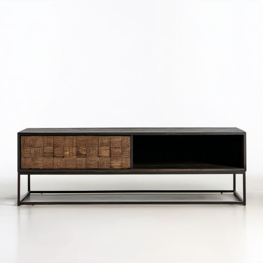 Prostokątny stolik kawowy MDF i stal z szufladą oraz wnęką, czarno-brązowy, 120 × 40 × 50 cm