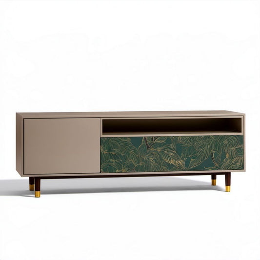 Szafka RTV beżowo-zielona z płyty MDF, 160 x 40 x 60 cm, z szufladą, szafką i otwartą wnęką