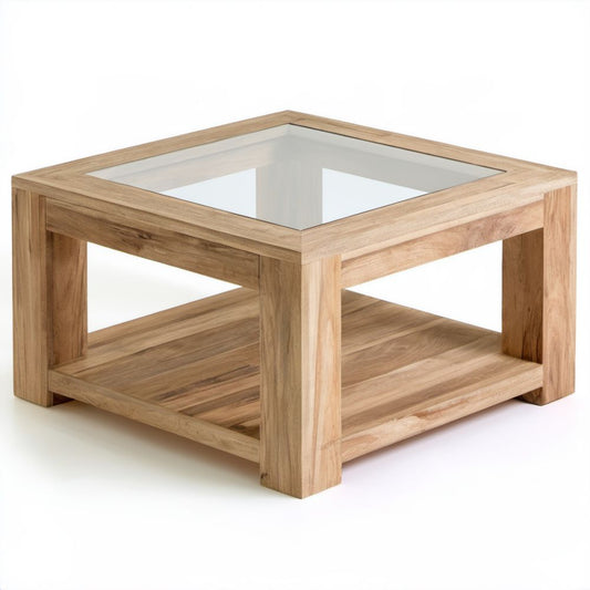 Kwadratowy stolik kawowy z litego drewna dębowego i szklanym blatem 100 × 100 × 45 cm