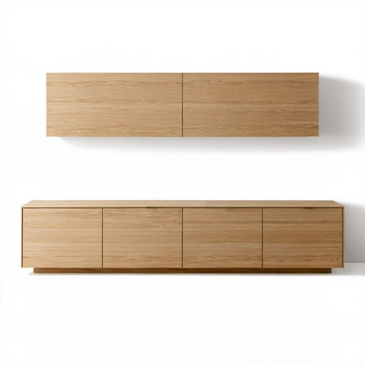 Zestaw szafek RTV z MDF fornirowanego dębem naturalnym – szafka dolna 200 × 40 × 55 cm i szafka wisząca 180 × 30 × 45 cm