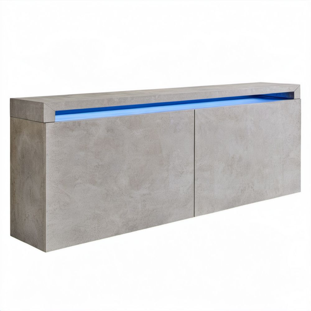 Szara szafka RTV z płyty MDF w dekorze betonu, 160 × 40 × 60 cm, z niebieskim oświetleniem LED